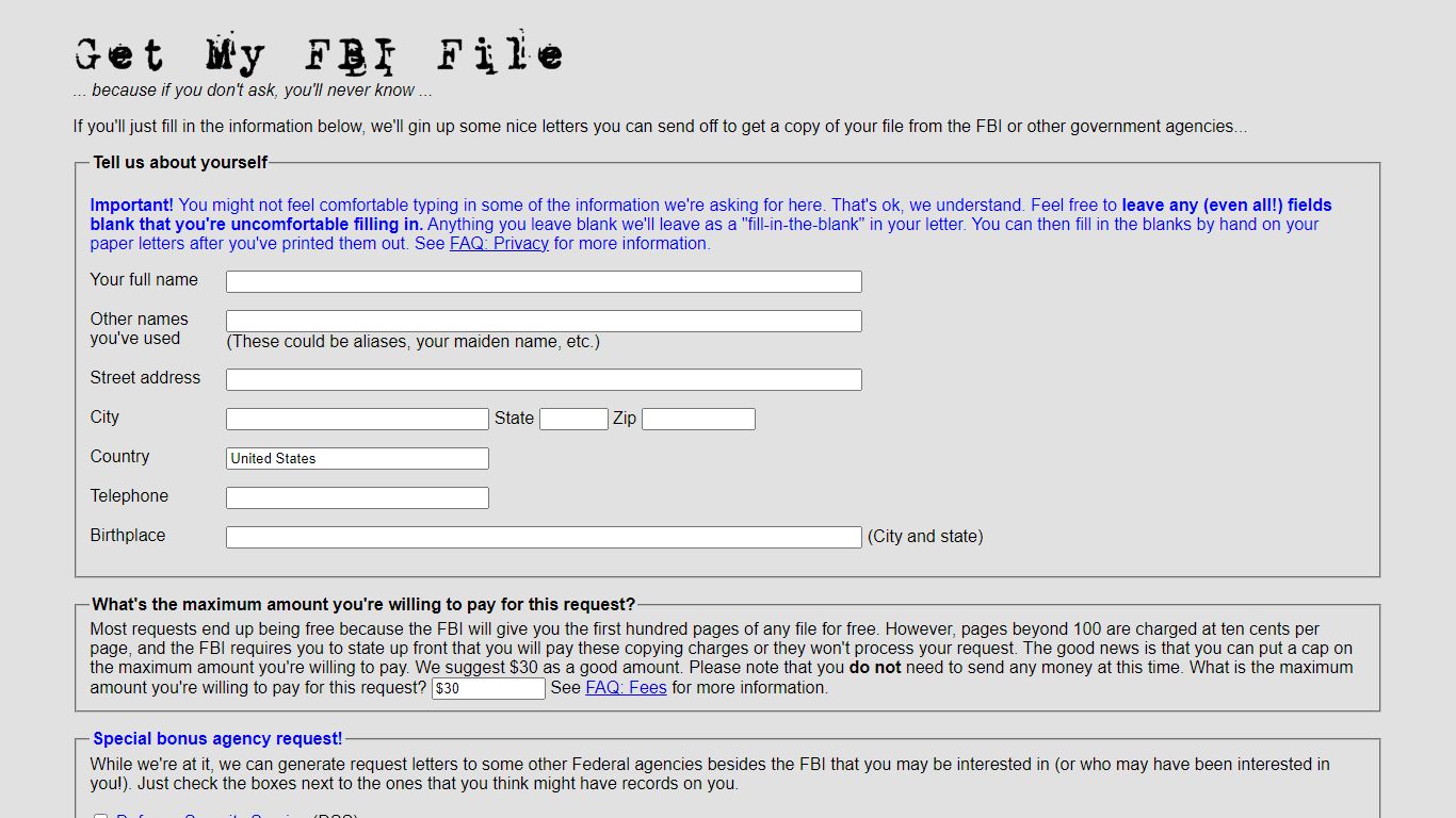 Get My FBI File -- Step 1 of 2